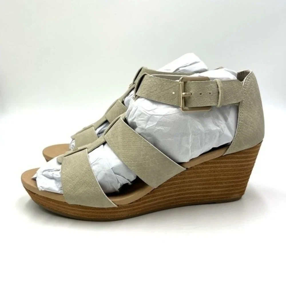 Dr Scholls Womens Size 7.5 Barton Light Gray‎ Cream Faux Snakeskin Wedges Shoes
